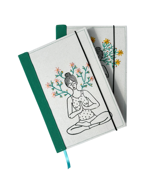 Handmade Yoga Journal Notebook Diary Gift for Yoga Teacher Made from Scratch with Organic Paper Embroidery Needlework