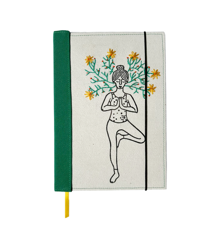 Handmade Yoga Journal Notebook Diary Gift for Yoga Teacher Made from Scratch with Organic Paper Embroidery Needlework Tree Pose