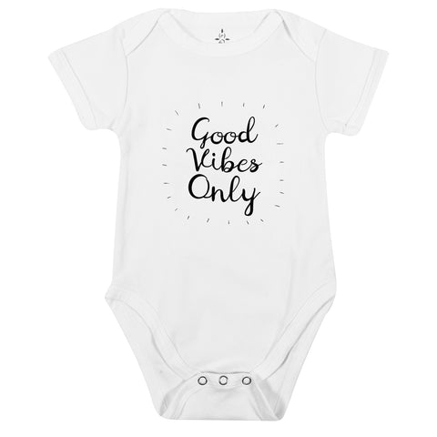Yoga baby, organic cotton girl boy, good vibes only onesies for babies. Certified organic cotton baby onesie. Baby yoga bodysuit ethically made soft cotton. No latex, skin-friendly. Toddler skin healthy. non-toxic, eco-friendly yoga onesies for babies made with minimal wastage. Good vibe romper, babies enjoy yoga. Comfy. Made to last. Gift for babies. Unisex gender-neutral bodysuit, baby shower gift. Unisex onesie 3, 6, 12 months yoga onesies. White bodies baby clothes. one piece