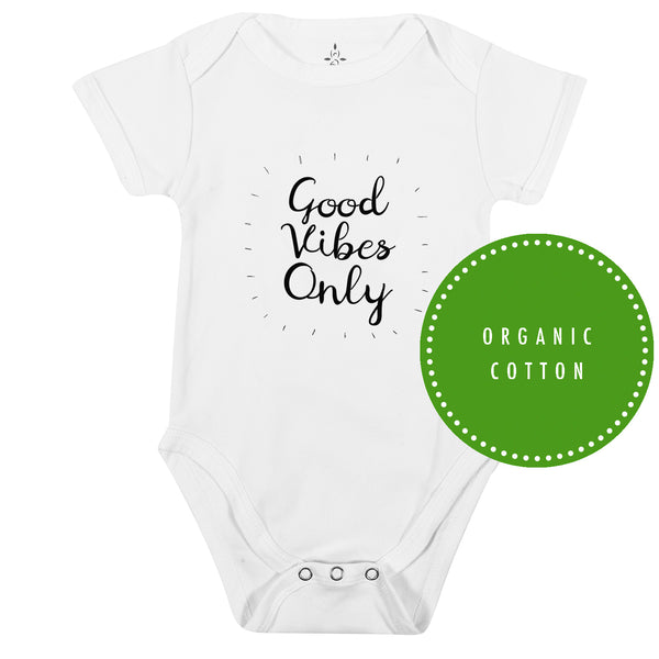 Yoga baby, organic cotton girl boy, good vibes only onesies for babies. Certified organic cotton baby onesie. Baby yoga bodysuit ethically made soft cotton. No latex, skin-friendly. Toddler skin healthy. non-toxic, eco-friendly yoga onesies for babies made with minimal wastage. Good vibe romper, babies enjoy yoga. Comfy. Made to last. Gift for babies. Unisex gender-neutral bodysuit, baby shower gift. Unisex onesie 3, 6, 12 months yoga onesies. White bodies baby clothes. one piece