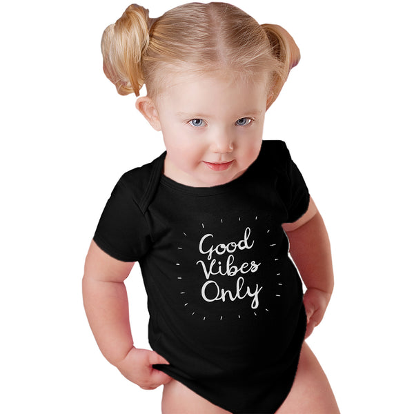 Yoga baby, organic cotton girl boy, good vibes only onesies for babies. Certified organic cotton baby onesie. Baby yoga bodysuit ethically made soft cotton. No latex, skin-friendly. Toddler skin healthy. non-toxic, eco-friendly yoga onesies for babies made with minimal wastage. Good vibe romper, babies enjoy yoga. Comfy. Made to last. Little yogi gift for babies. Unisex gender-neutral bodysuit, baby shower gift. Unisex onesie 3, 6, 12 months yoga onesies. Black. White yoga bodies baby clothes. one piece