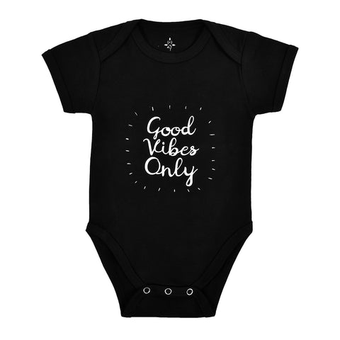 Yoga baby, organic cotton girl boy, good vibes only onesies for babies. Certified organic cotton baby onesie. Baby yoga bodysuit ethically made soft cotton. No latex, skin-friendly. Toddler skin healthy. non-toxic, eco-friendly yoga onesies for babies made with minimal wastage. Good vibe romper, babies enjoy yoga. Comfy. Made to last. Little yogi gift for babies. Unisex gender-neutral bodysuit, baby shower gift. Unisex onesie 3, 6, 12 months yoga onesies. Black. White yoga bodies baby clothes. one piece